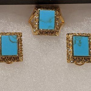 New Golden & Turquoise Earrings & Ring Sz 7